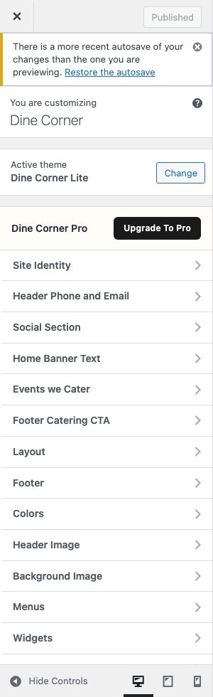 Customizer sections for Dine Corner Lite