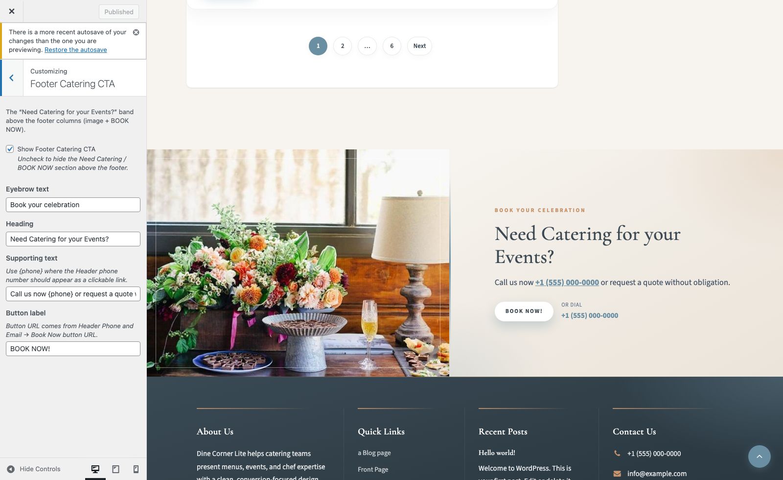 Footer Catering CTA Customizer settings