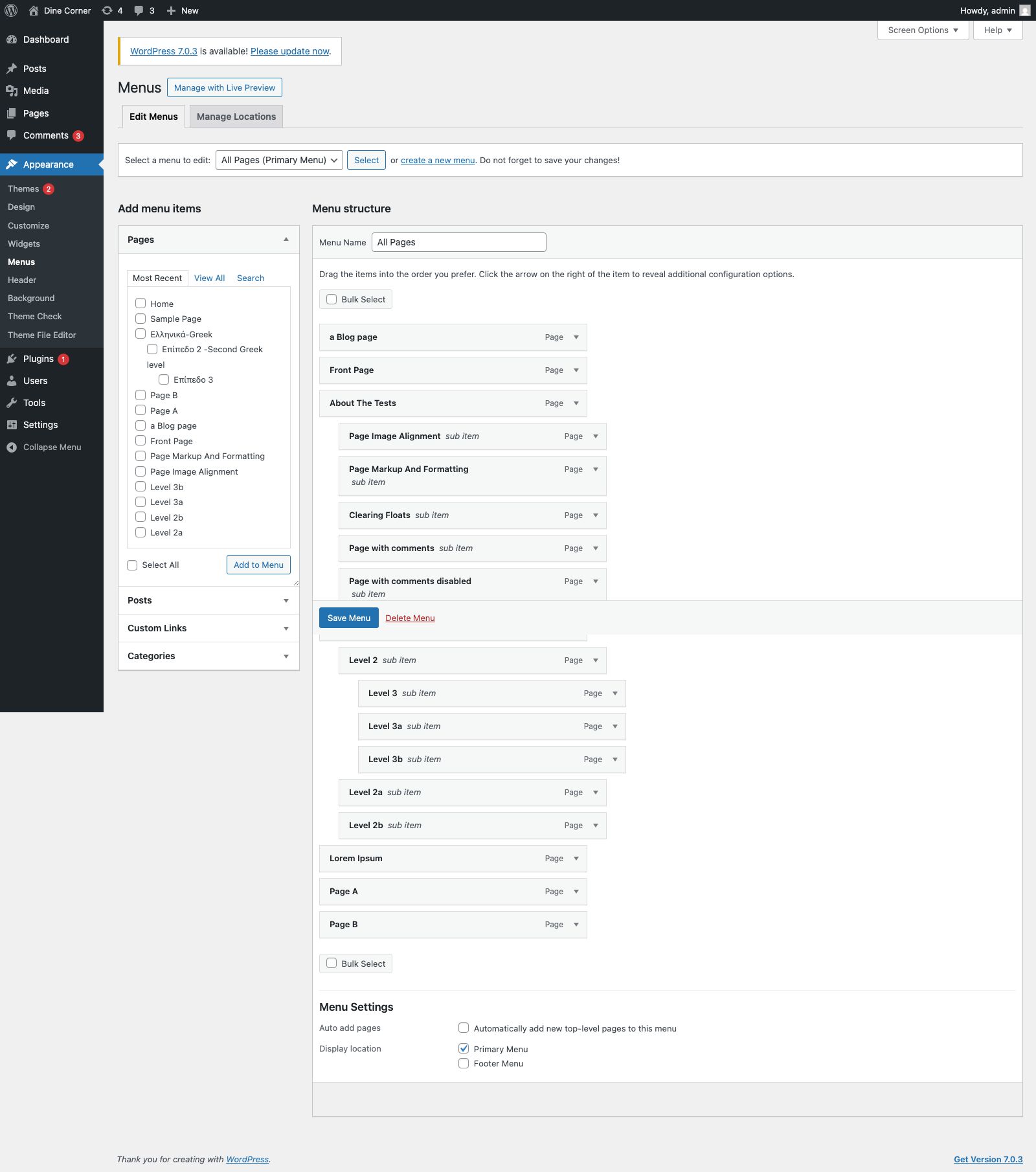 Menu settings
