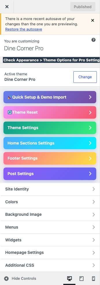 Customizer left menu with colored theme panels including Post Settings