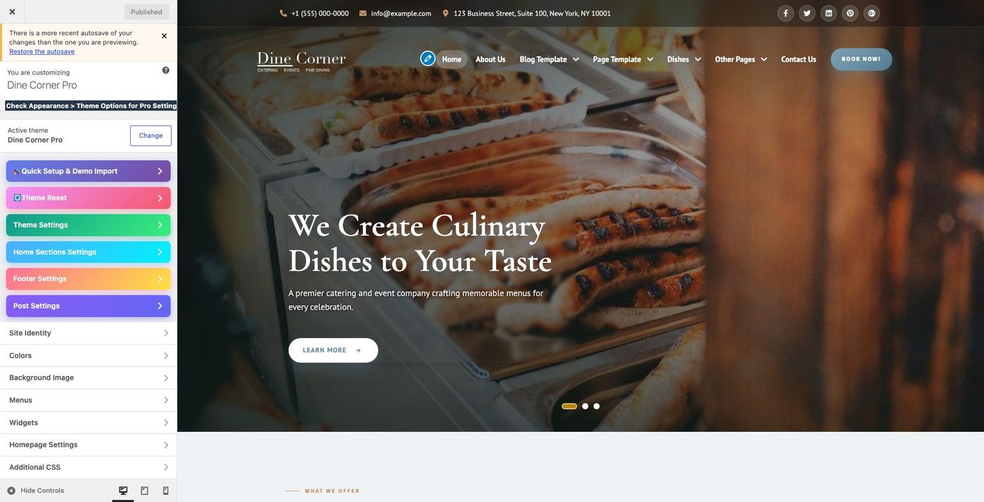 Customizer overview with colored left panels and live preview