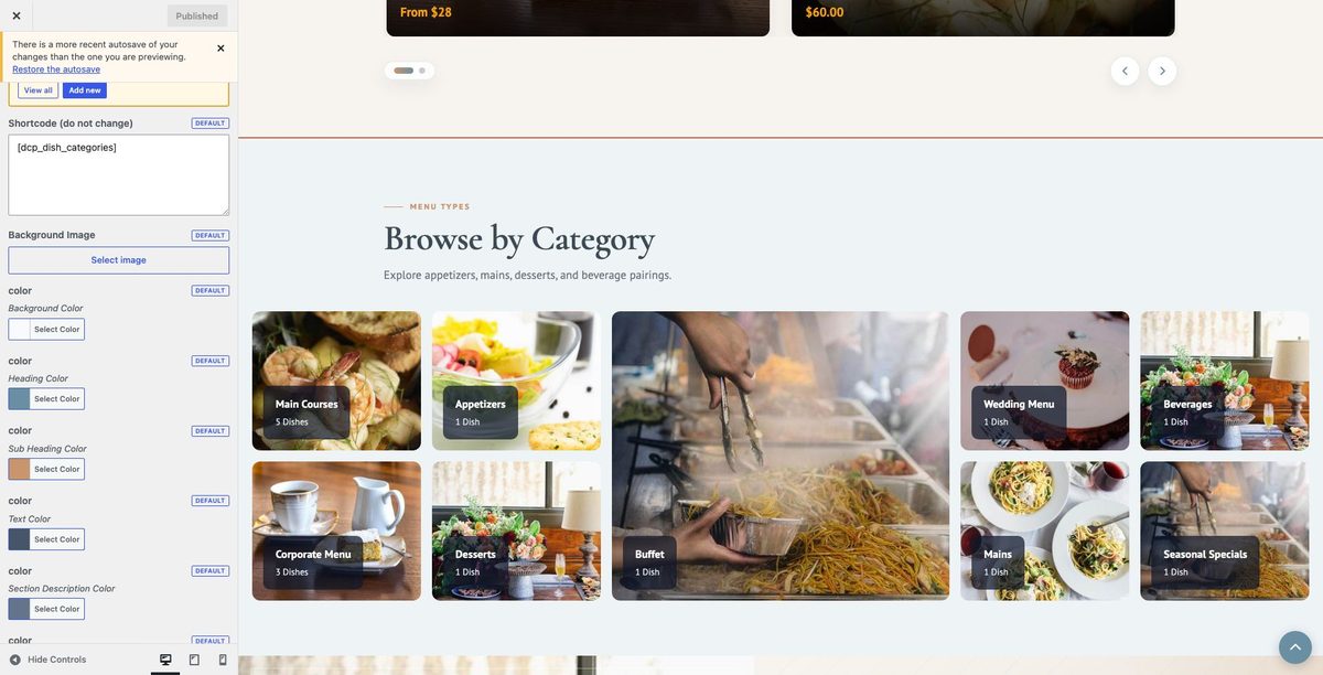Dish Categories customizer