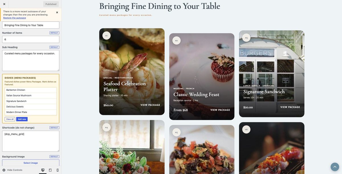 Menu Packages customizer