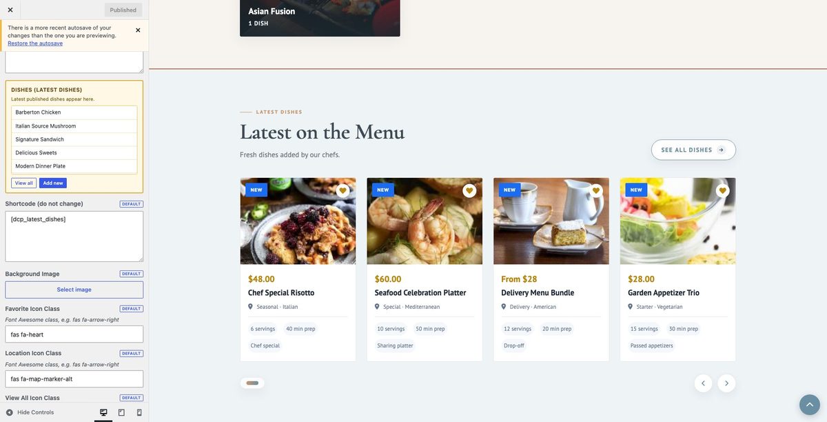 Latest Dishes customizer
