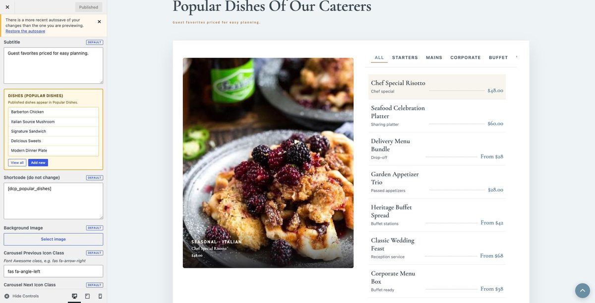 Popular Dishes customizer
