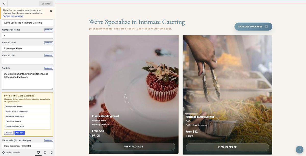 Intimate Catering customizer