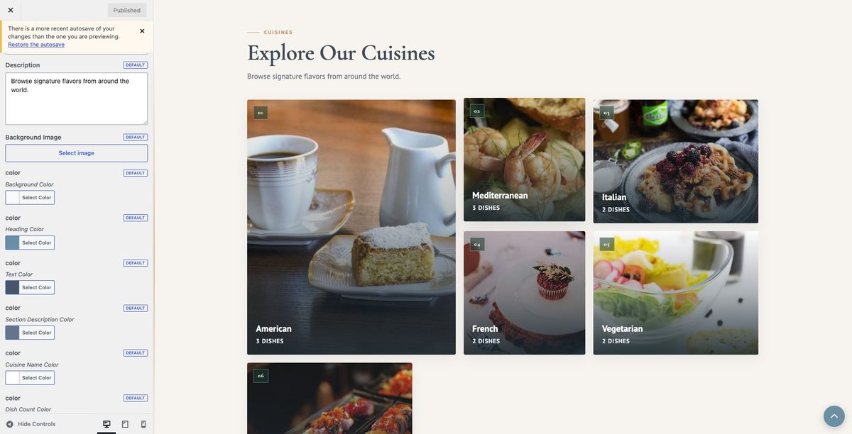 Cuisines customizer
