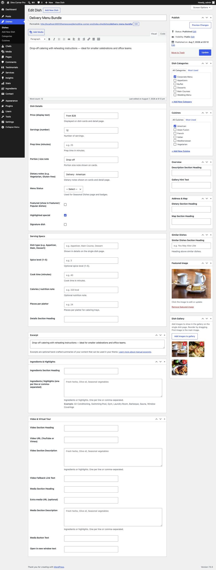 Dish edit screen