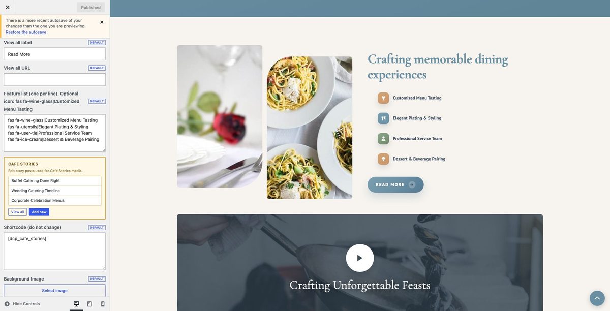 Cafe Stories customizer